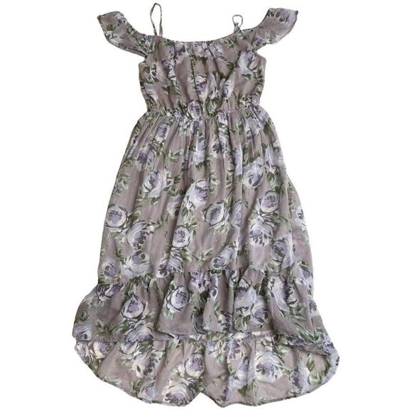 Childrens Place Girls Purple Floral Cold Shoulder Chiffon High Low Dress XXL 16 - Picture 1 of 8